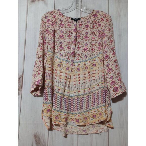 Nine West Shirt Ladies Extra Large Yellow Pink 3/4 Sleeve Light Weight Flowy Boh - Picture 1 of 7